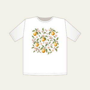 Golden Pears and Blush Blossoms T-Shirt in white: Small golden pears, blush blossoms and sage leaves scatter across an airy white ground.