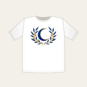 Crescent Moon and Olive Sprigs T-Shirt in white: A centered crescent moon is flanked by olive sprigs in cobalt and gold line art on white.