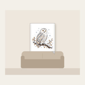 Snowy Owl in Snowfall Fleece Blanket in white: A snowy owl on a branch in white, slate and amber with falling snowflakes.
