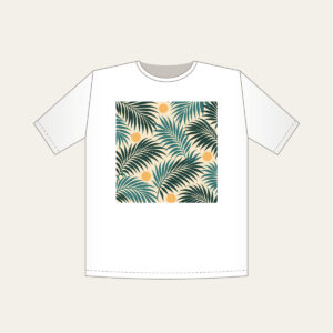 Palm Frond Shadows on Sand T-Shirt in white: A repeat of palm frond shadows in teal and deep green on a sandy cream base, with small sun circles.