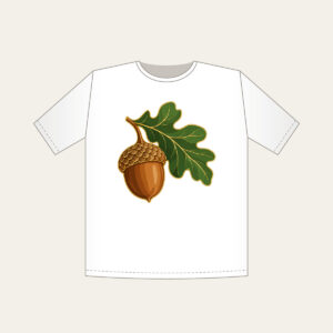Gold-Outlined Acorn and Oak Leaf T-Shirt in white: A single acorn with an oak leaf in warm brown and green with a thin gold outline.