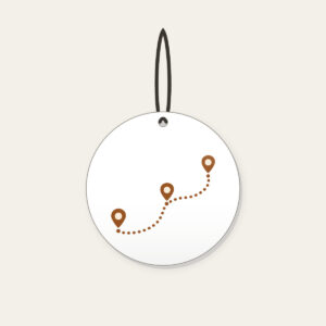 Dotted Route Linking Map Pins Ceramic Ornament in white: A dotted route line connects small map pins in cream on warm brown.