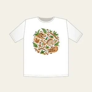 Dinosaur Bones and Fern Dig Scene T-Shirt in white: Dinosaur bones and curling ferns lie scattered across warm sand in earthy brown and green.