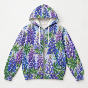 Lupine Field Zip Hoodie with all-over lupine flower spikes in violet and blue with green leaves