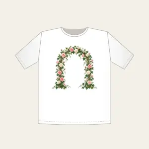 Rose and Ivy Garden Arch T-Shirt in white: An arch of climbing roses and ivy in blush, deep green and cream, leaving generous open space in the middle.
