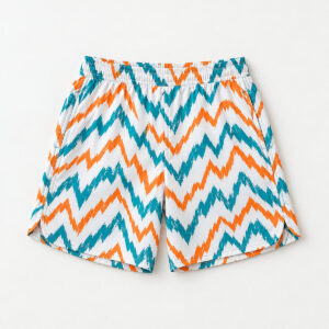 Zigzag Trail Sports Shorts with all-over zigzag trail lines in teal and orange on white