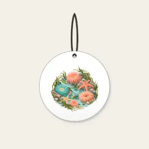 Coral Tidepool Anemones Ceramic Ornament in white: Anemones, starfish and sea grass gather in coral, teal and sand over a pale aqua ground.