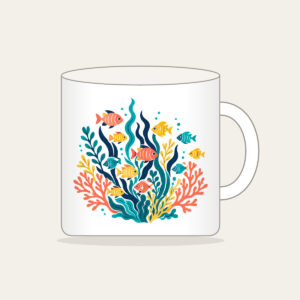 Tropical Fish School and Seaweed on Navy Mug in white: A school of small tropical fish and seaweed in coral, yellow and teal swims on navy.