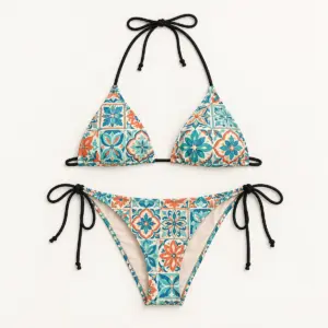 Mosaic Tile String Bikini with all-over mosaic tiles in aqua, coral and cream