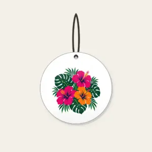 Hibiscus and Monstera Midnight Ceramic Ornament in white: Magenta and orange hibiscus flowers with deep green monstera leaves on a navy base.