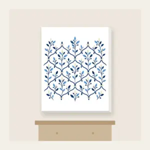 Navy Trellis and Leaf Pattern Canvas Print in white: A repeating trellis of fine lines and small leaves in navy, sky blue and cream.
