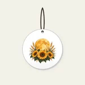 Harvest Moon over Sunflower Fields Ceramic Ornament in white: A large harvest moon rises over sunflower and wheat silhouettes in amber, deep green and cream.
