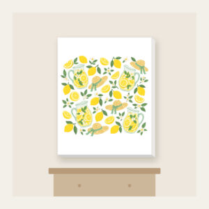 Lemonade Stand Pitchers and Lemons Canvas Print in white: Lemonade pitchers, lemons and tiny straw sunbonnets repeat in yellow, white and mint.