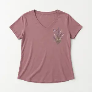 Lavender Field Relaxed V-Neck Tee with compact chest print of tall lavender stems and two small butterflies in violet, cream and sage