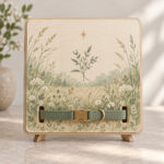 Quiet Meadow Memorial Collar Sign with calm meadow with grasses, one small star and a small original sprig vignette in the centre in soft green and cream, no animals