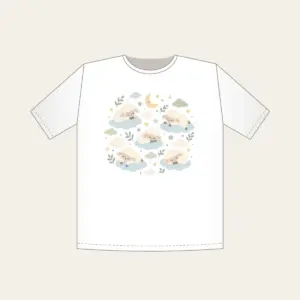Sleepy Sheep and Clouds T-Shirt in white: Small clouds and sleeping sheep in cream, pale blue and sage on a light field.