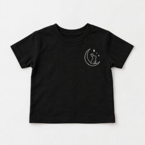 Moon Rabbit Toddler Tee with small chest print of a white line-art rabbit sitting on a crescent moon with three stars