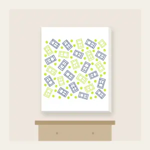 Tennis Court Lines Canvas Print in white: Court lines and tiny tennis balls in lime, white and navy.