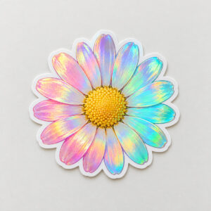 Prism Daisy Holographic Sticker with a daisy sticker with prismatic petals shifting from pink to teal around a yellow center and a thin white border