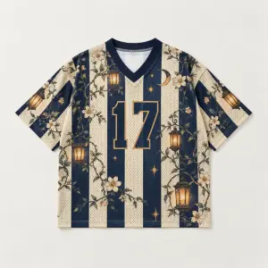 Harbor Lights Football Jersey with all-over stripes in navy and cream with amber lantern glows and the number "17" on the chest