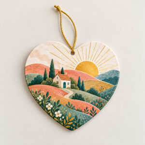 Copper Sunrise Aluminium Heart Ornament with one-side printed artwork of a small cottage under a rising sun with layered hills in coral, gold and teal, Heart fixed shape