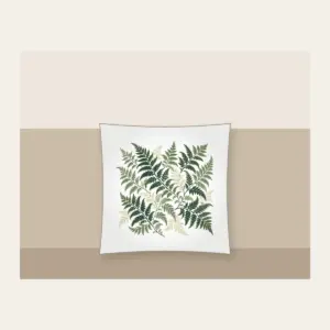 Fern Lattice Pillow in white: Fern fronds interlaced into a lattice in sage, forest green and cream.