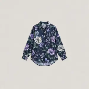 Midnight Garden Satin Button-Down with night garden blooms in silver, lilac and deep green on navy
