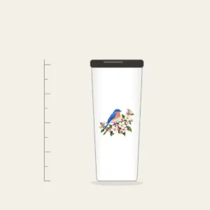 Bluebird on a Blossom Branch Tumbler in white: A small bluebird rests on a branch of cobalt, white and pale pink blossoms.