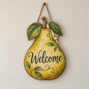 Welcome Pear Custom Shape Wood Sign with pear-shaped sign with two leaves and a small vine in golden green, short word "Welcome", no other text