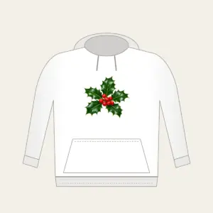Holly Sprig with Red Berries Hoodie in white: A holly sprig with glossy leaves and bright red berries stands out on a deep green background.