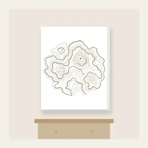 Moss Contour Map Canvas Print in white: Topographic contour lines in moss, sand and cream with a tiny peak marker.