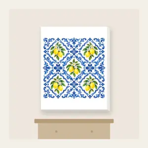 Cobalt Mediterranean Tiles with Lemons Canvas Print in white: An all-over repeat of Mediterranean-style tiles in cobalt and white with small lemon accents.