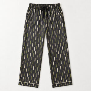 Olive Dash Satin Pajama Pants with short dashes in olive and cream in a staggered rhythm on a charcoal base