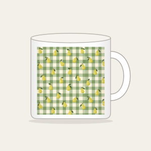 Green Gingham with Scattered Pears Mug in white: Green and cream gingham checks with small pears scattered between.