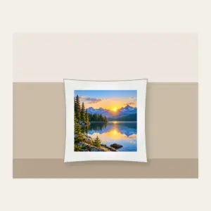 Quiet Lake at Sunrise with Pines Pillow in white: A calm lake at sunrise with a pine shoreline, edged by a thin white border.