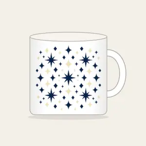 Navy and Cream Diamonds and Stars Mug in white: Diamonds and stars repeat across the artwork in navy and cream.