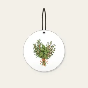 Herb Bundle with String Ceramic Ornament in white: A bundle of rosemary, basil and thyme tied with string in green, cream and terracotta.