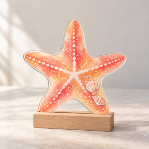 Starfish Shell Plaque with Wooden Base with a starfish-shaped plaque printed with a soft coral gradient, tiny white sand dots and two small shells