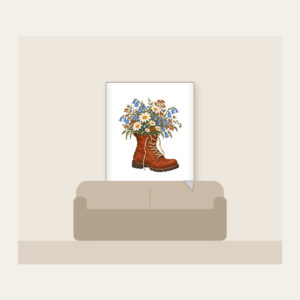 Lace-Up Boot Overflowing with Daisies Fleece Blanket in white: A lace-up boot spilling daisies and bluebells in cream, sky blue and rust.