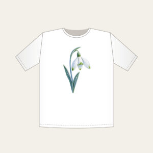 Frosted Snowdrop Blossom T-Shirt in white: A snowdrop flower with white petals, green tips and a pale blue stem, drawn with a delicate frost texture.