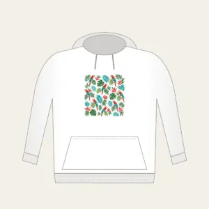 Parrots and Palm Leaves Repeat Hoodie in white: Small parrots and palm leaves repeat in red, turquoise and green on cream.