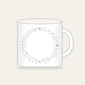 Constellation Dot Border Mug in white: Tiny constellation dots joined by fine lines in silver and violet form a border around an empty centre.