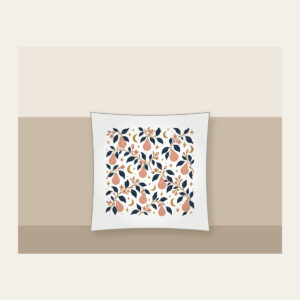 Pear Branches and Crescent Moons Pillow in white: Pear branches, tiny crescent moons and stars repeat in dusty rose, gold and deep navy.
