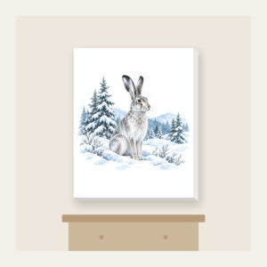 Hare in a Snowy Field with Pines Canvas Print in white: A hare pauses in a snowy field among pines in white, grey and ice blue.
