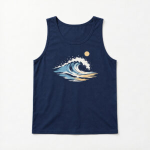 Curling Surf Tank Top with chest print of a curling wave in white, pale blue and sand with a small sun disc above