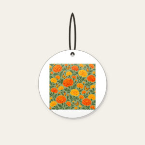 Marigolds and Butterflies on Sage Ceramic Ornament in white: An all-over repeat of marigolds and small butterflies in orange and yellow on a sage ground.