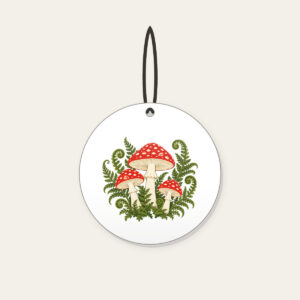 Red Toadstool Trio with Curling Ferns Ceramic Ornament in white: Three red-capped mushrooms with curling ferns in cream, red and moss green.