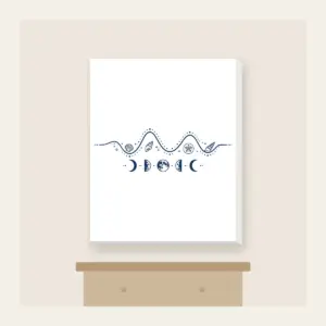 Tide Chart and Moon Phases Canvas Print in white: A navy line-art tide curve dotted with tiny shells, with five moon phases beneath.