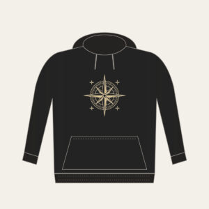 Compass Rose with Four Stars Hoodie in black: A compass rose drawn in fine cream lines, with four tiny stars around it.