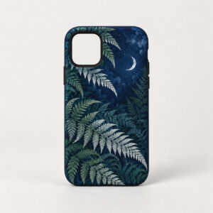 Moonlit Fern Tough Phone Case with moonlit fern fronds in deep green and silver over navy with a small crescent moon